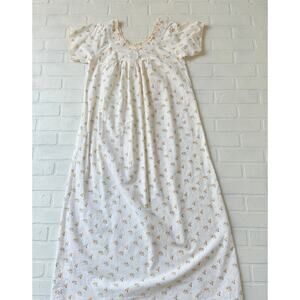 White Cotton Floral Long Nightgown Yellow Flowers Cottage Core Sz SM
